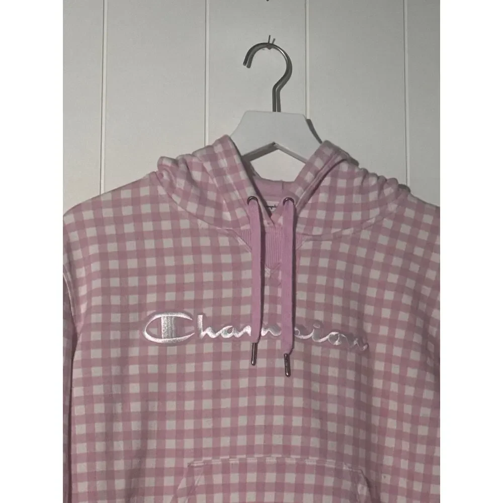Champion Girls Pink Gingham Check Campus Hoodie Embroidered Logo Sweatshirt S